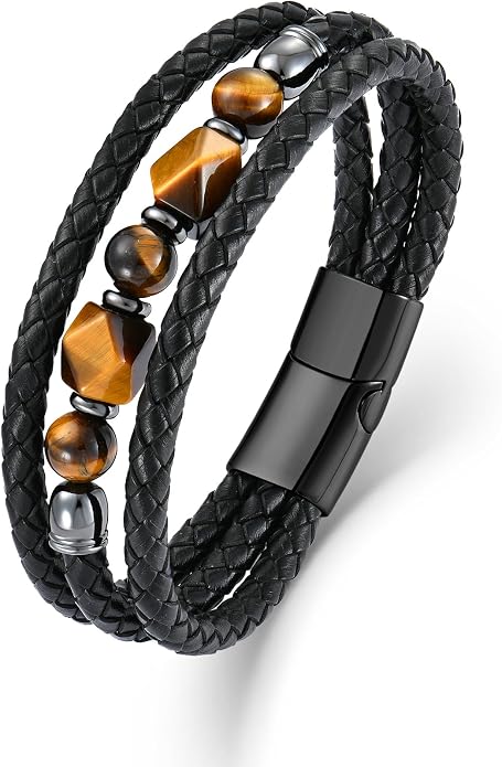 Mens Turquoise/Lapis Lazuli/Tiger Eye/Black Agate/Obsidian Leather Braided Bracelets for Father's Day/Birthdays/Graduation Jewelry Wristband Cuff Bracelet with Stainless Steel Clasp