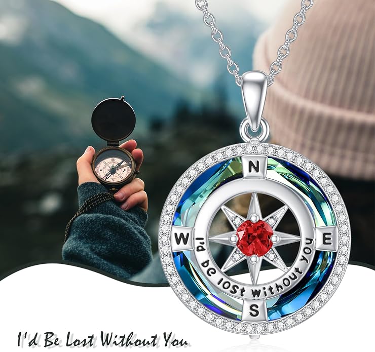 TOUPOP Necklace Gifts for Wife Compass Jewelry Women Anniversary Girlfriend Birthday Gift for Her Valentines I'd be Lost without You Sterling Silver Birthstone Necklaces