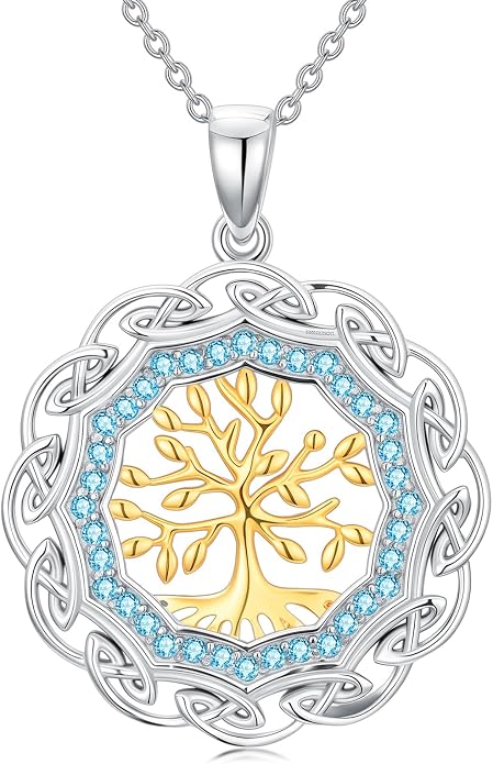 Sterling Silver Birthstone Celtic Tree of Life Necklace, 18K Gold Plated Colored Gemstone Tree of Life Pendant Two-Tone Necklaces Jewelry Birthday Gifts for Women 18" - 20"