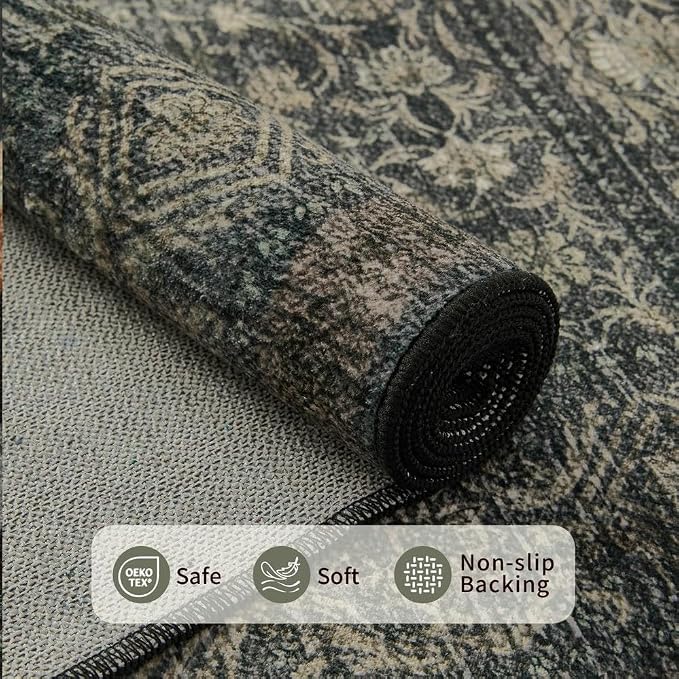 10x14 Washable Area Rug for Living Room, Extra Large,Green Vintage Floral Boho Rugs for Dining Room, Farmhouse, Durable Low Pile Non Slip Carpet for High Traffic Areas, Moss Brown