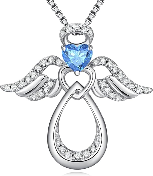 925 Sterling Silver Guardian Angel Pendant Necklace for Women with Birthstone Cubic Zirconia Little Angel Pendant Necklace Jewelry 18 inch Chain
