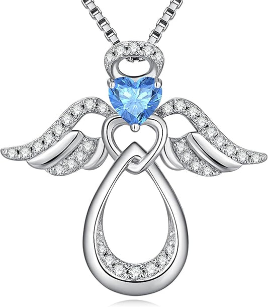 925 Sterling Silver Guardian Angel Pendant Necklace for Women with Birthstone Cubic Zirconia Little Angel Pendant Necklace Jewelry 18 inch Chain