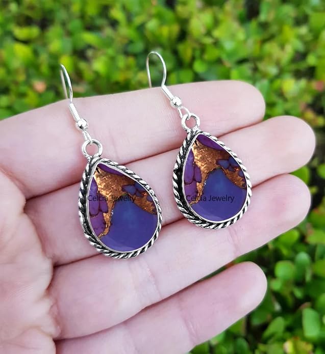 Pure 925 Sterling Silver Dangle Drop Earrings for Women, Pear Gemstone Handcrafted Earrings for Women & Girl ('Amethyst)