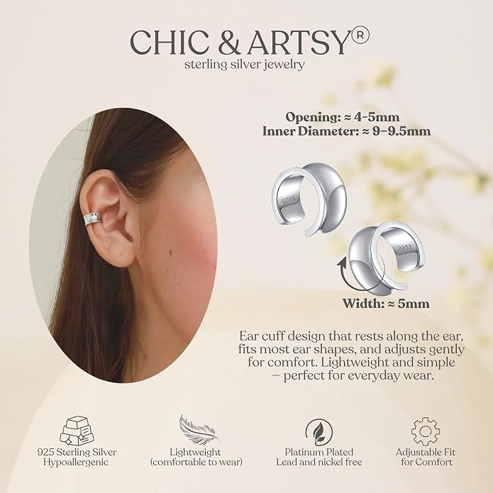 CHIC & ARTSY 925 Sterling Silver Ear Cuffs for Women, Non Piercing Clip On Cartilage Cuffs, Adjustable Fake Conch & Helix Earrings, Gold Plated & Oxidized Various Styles