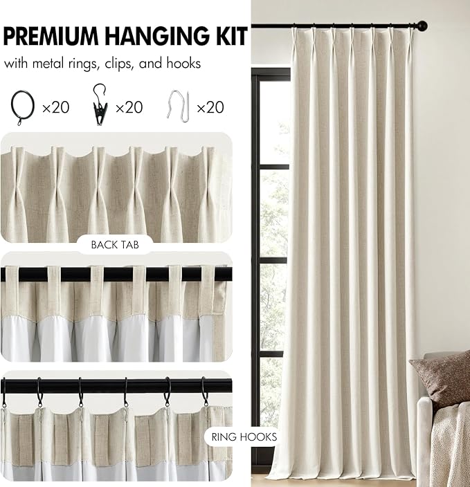 MIULEE Linen Pinch Pleated 100% Blackout Linen Curtains for Bedroom, Room Darkening Memory Trained Light Blocking Window Curtains 84 inches Long for Living Room, Black Out Pleat Drapes, 2 Panels