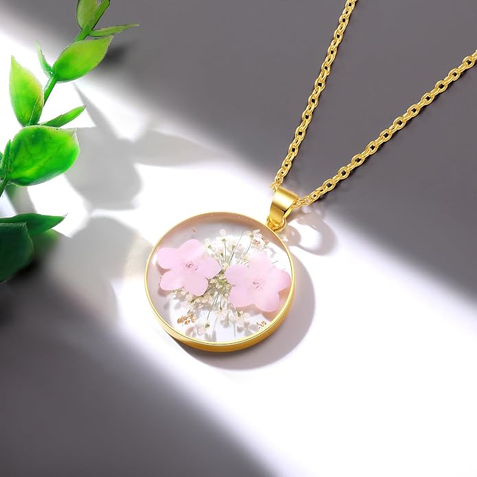 AUNTESIGN Forget-Me-Not and Queen Anne's Lace Pressed Wildflower Necklace | Birth Month Flowers Necklace | Gold/Silver Pressed Flower Jewelry | Mother's Day | Gift For Her