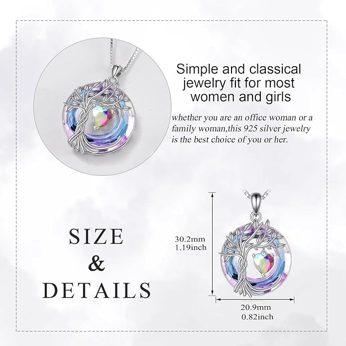 POPLYKE Mothers Day Gifts for Mom Her Wife Tree of Life Necklace 925 Sterling Silver Birthstone Pendant with Crystal Anniversary Birthday Wedding Jewelry for Women