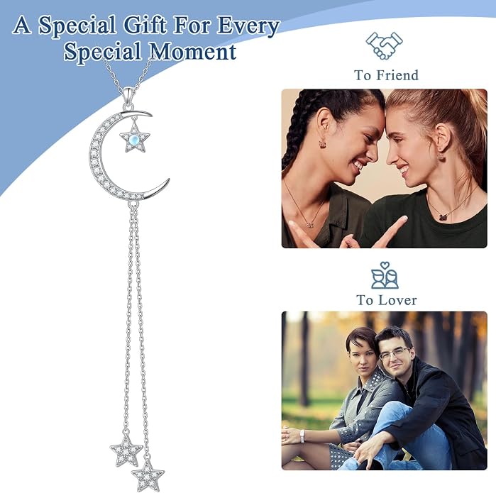 Ladytree 925 Sterling Silver Crescent Moon and Star Necklace with Created Moonstone Long Y Necklace Elegant Jewelry Gift for Women