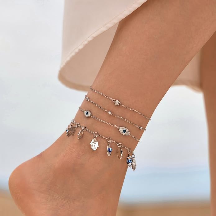 LOFITOR Ankle Bracelets for Women Glitter Waterproof Adjustable Anklet Set for Women 18K Gold Plated Silver Charm Dainty Layered Anklets, Summer Beach Anklet Jewelry for Women