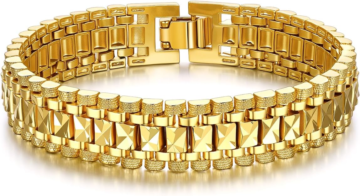 U7 Link Bracelets for Men, Cuban Link/Rope/Watch Band Solid Bracelet, Silver Black Gold Color Wrist Bracelet 3/6/9/12/15mm Width, 6.5/7.5/8.3 Inch Length, Hand Chain Jewelry for Mens Women
