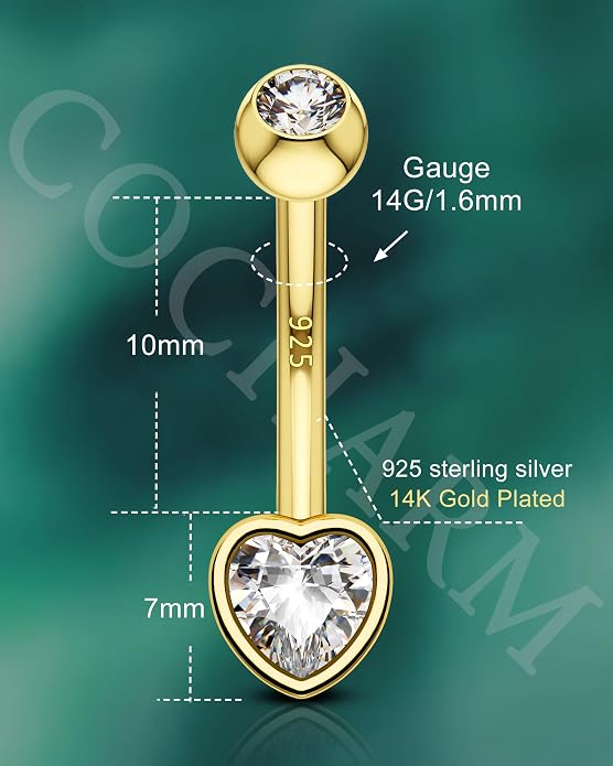 COCHARM 14K Gold Plated 925 Sterling Silver Belly Button Ring - Dainty Heart Navel Piercing Jewelry for Women