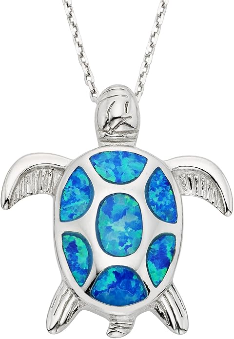 Created Blue Opal Ocean Necklace for Women, 925 Sterling Silver Pendant, 18 Inch Chain, Beach and Sea Life Jewelry Collection