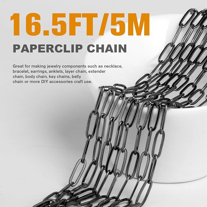 [16.5 Ft] Gunmetal Paperclip Chains Roll, 4.3mm Width 304 Stainless Steel Black Paperclip Oval Link Chain Spool Bulk for DIY Jewelry Making