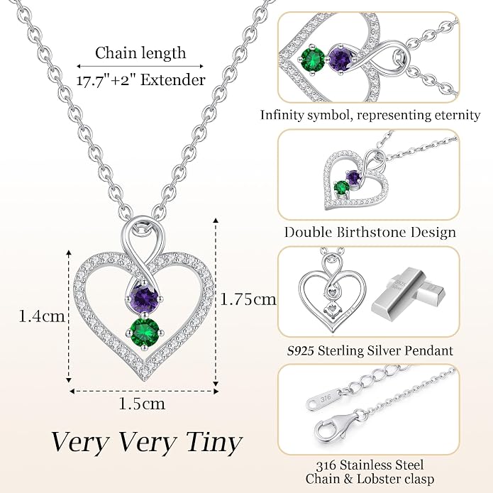 LOUISA SECRET Double Birthstone Necklaces for Women, 925 Sterling Silver Infinity Love Heart Pendant Necklace for Her, Birthday Anniversary Valentine's Day, Christmas, Wedding, Graduation Gift for Her, Personalized Gifts, Jewelry Gifts for Wife Mom Gir...