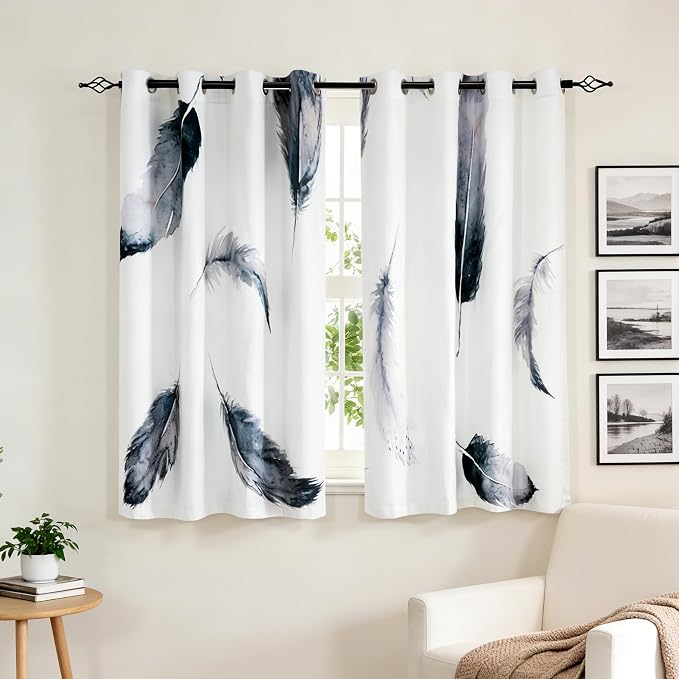 SUBRTEX Boho Leaf Printed Curtains 63 inch Long 2 Panels, Room Darkening Vibrant Floral Drapes, 50% Blackout Light Flitering Semi Sheer Farmhouse Curtains for Living Room, 52Wx63L, Dusty Blue Feather
