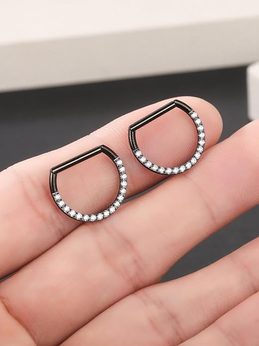 Oveta Titanium D Shaped Nipple Rings 14G for Nipple Piercing Jewelry Higned Segment Clicker Ring Hoops 11mm 12mm 14mm for Women Men, Silver Gold Black, 2PCS