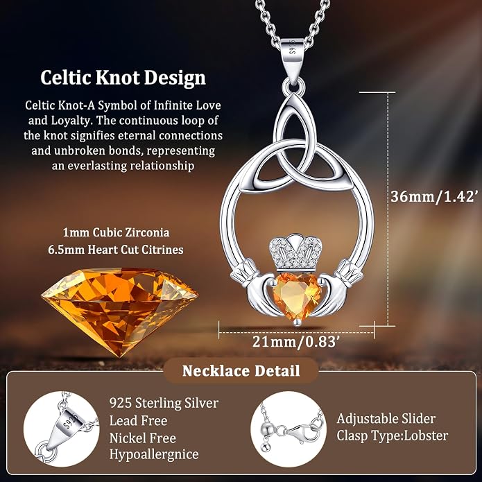 Gift Birthstone Necklaces for Women 925 Sterling Silver Irish Claddagh Necklace for Women Heart Birthstone Pendant Necklace Anniversary Birthday Gifts for Wife Lady Cable Chain 18"+2"