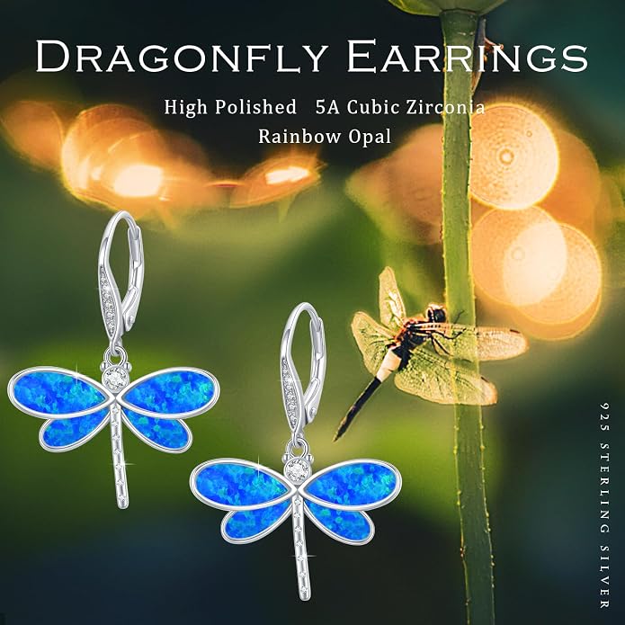 CUOKA MIRACLE Dragonfly Earrings 925 Sterling Silver Hoop Dragonfly Earrings Dangle Drop Opal Earring Dragonflies Jewelry Gifts for Women Wife