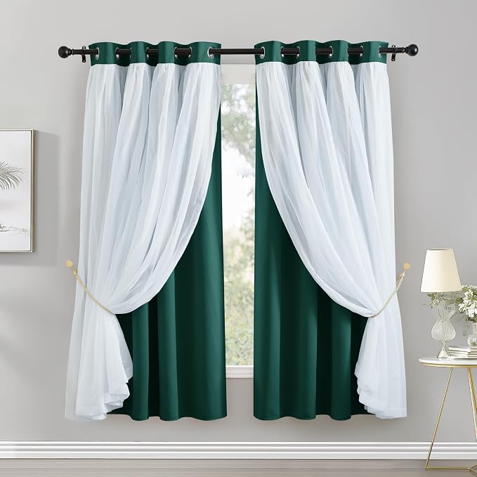 PONY DANCE Bedroom Curtains Blackout - Sheer Drapes Crushed with Grommet Top Treatments Decoration for Short Windows, 52 x 63 in, Hunter Green, 2 Panels
