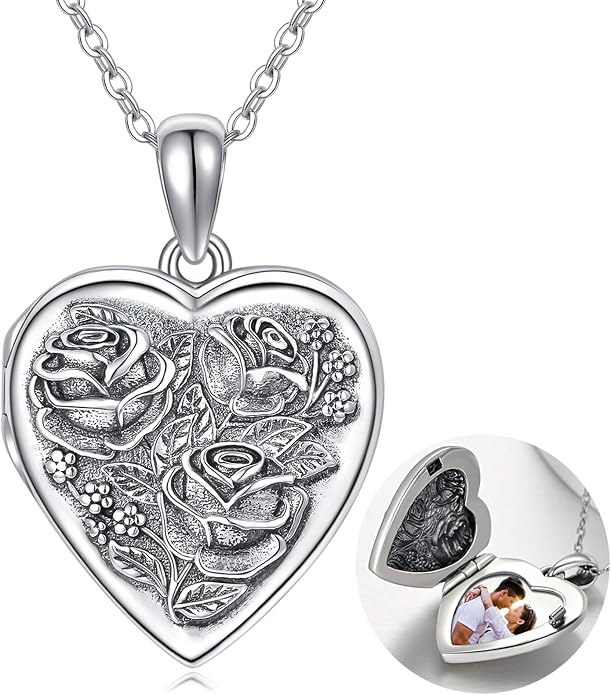 MEDWISE 925 Sterling Silver Locket Necklace That Holds Pictures Photo Necklace Oxidized Rose Flower/Sunflower/Compass/Celtic Heart Pendnat Lockets Gifts for Women Birthday Christmas Gifts
