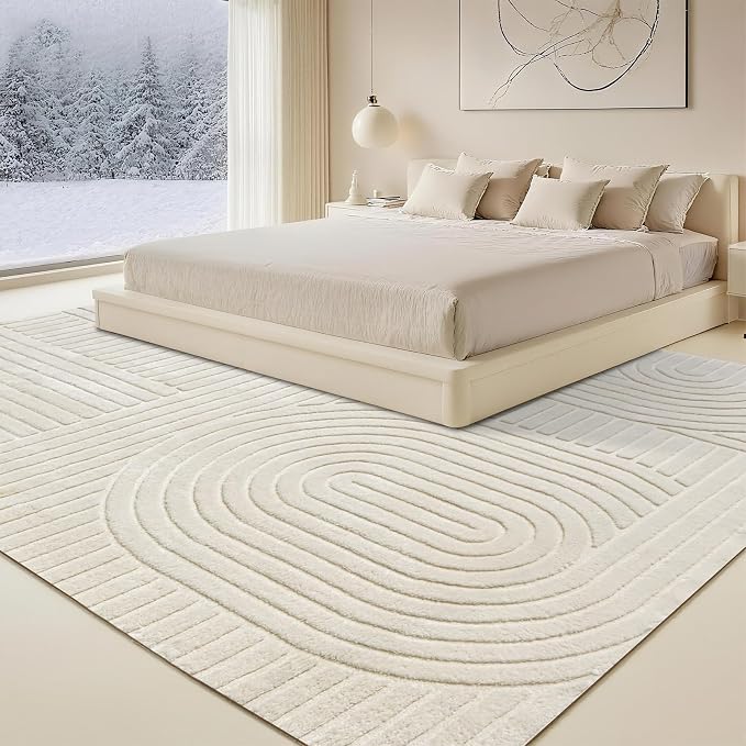 Beige Solid Area Rug 8x10 – Large Washable Soft Indoor Rugs for Living Room Bedroom, Modern Geometric Bohemian Pattern High-Low Pile Textured Carpet for House Apartment, Home Office Decor
