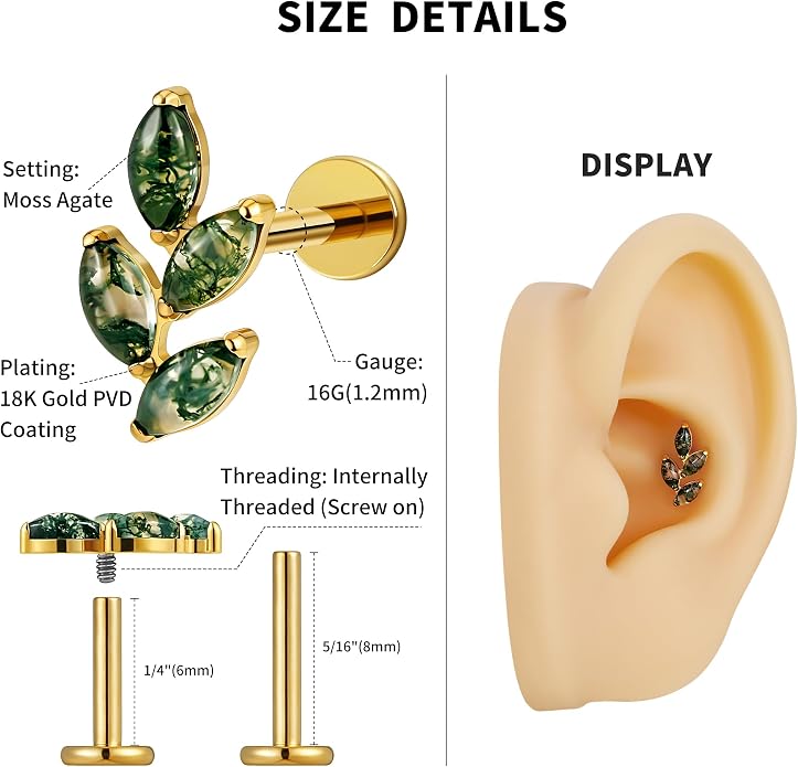 FINE4U 16G Moss Agate Body Piercing Jewelry for Helix Flat Tragus Lobe 16G 6mm 8mm - ASTM F136 Titanium Screw on Flat Back Stud, Hypoallergenic Cartilage Earring