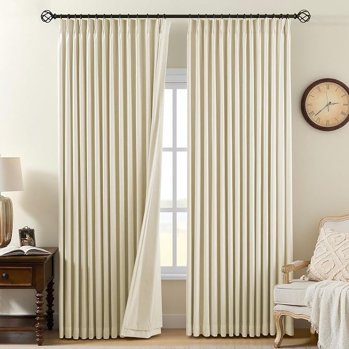 Pinch Pleated Curtains 100% Blackout Linen Curtains 95 Inches Long for Bedroom Living Room, Creamy Beige Memory Trained Thermal Insulated Room Darkening Window Drapes with Hooks 2 Panels 40"Wx95"L