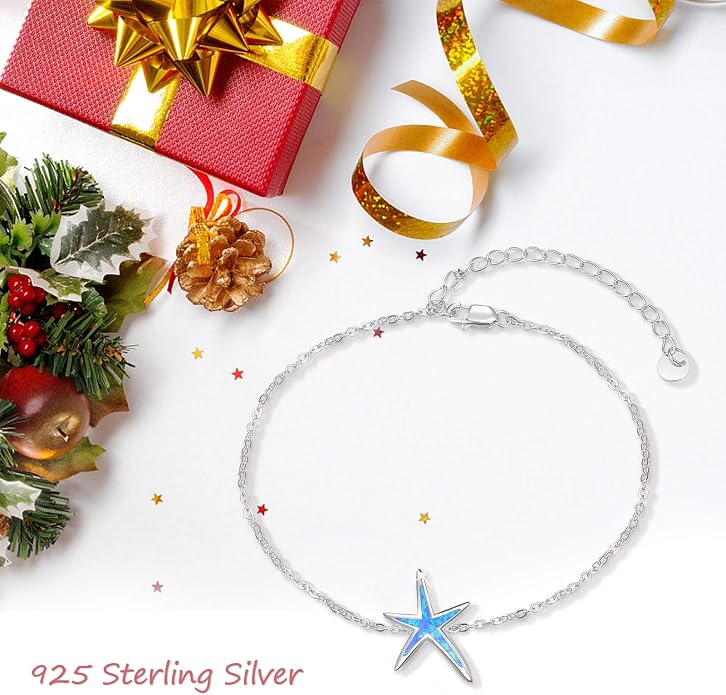 Cuoka Starfish Bracelet 925 Sterling Silver with White Fire Opal Chain Bracelets Ocean Jewelry Birthday For Women