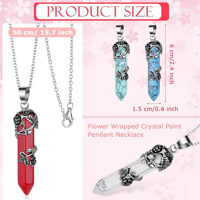 Jexine 24 Pcs Healing Crystal Necklace Christmas Gift Bulk Hexagonal Healing Flower Wrapped Crystal Point Pendant Necklace Natural Quartz Point Pendants with Chain for Women Christmas