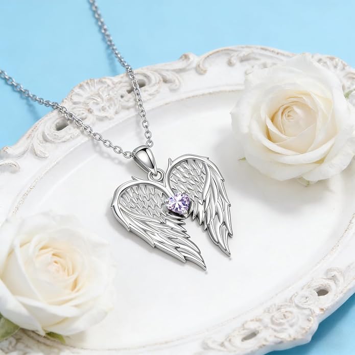 Dorunmo Guardian Angel Wing Pendant Birthstone Heart Necklace Birthday Jewelry Gifts for Women Mom Wife Daughter