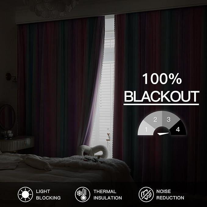 XiDi Kids Blackout Curtains with Sheer Overlay for Girl Bedroom 96 Inches Long Pink Purple Green Rainbow Princess Double Layer Curtain Thermal Insulated Room Darkening Grommet Drapes 2 Panels W52xL96