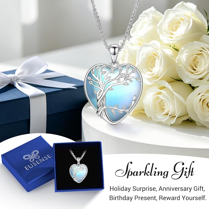 Eusense Tree of Life Necklace for Women White Gold Plated Copper Moonstone/Turquoise/Black Onyx/Crystal Birthstone Pendant Jewelry Gifts for Women Men