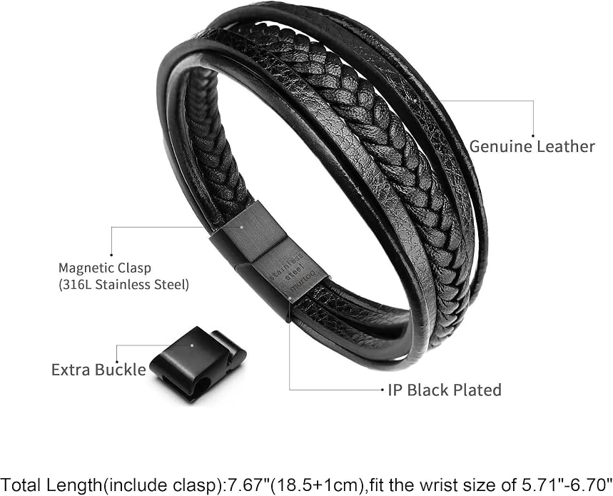 murtoo Mens Leather Bracelet with Clasp Cowhide Multi-Layer Braided Leather Mens Bracelet