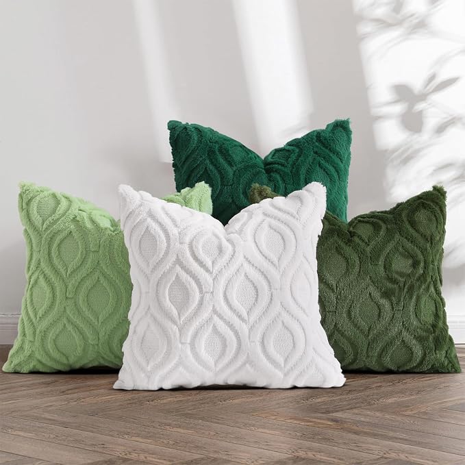 decorUhome Cream White Green Faux Fur Throw Pillow Covers 20x20 Set of 4 | Fall Soft Neutral Decorative Plush Couch Pillow Covers, Accent Modern Farmhouse Neutral Pillow Cases for Sofa Bed Living Room
