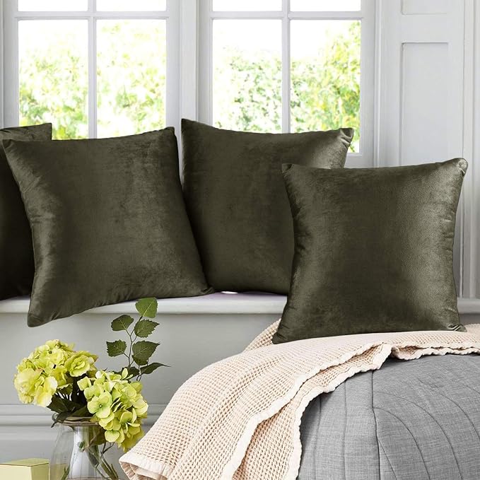 Nestl Throw Pillow Covers, Cozy Velvet Decorative Khaki Pillow Covers 20 x 20 Inches, Soft Solid Couch Pillow Covers for Sofa, Bed and Car, Set of 2