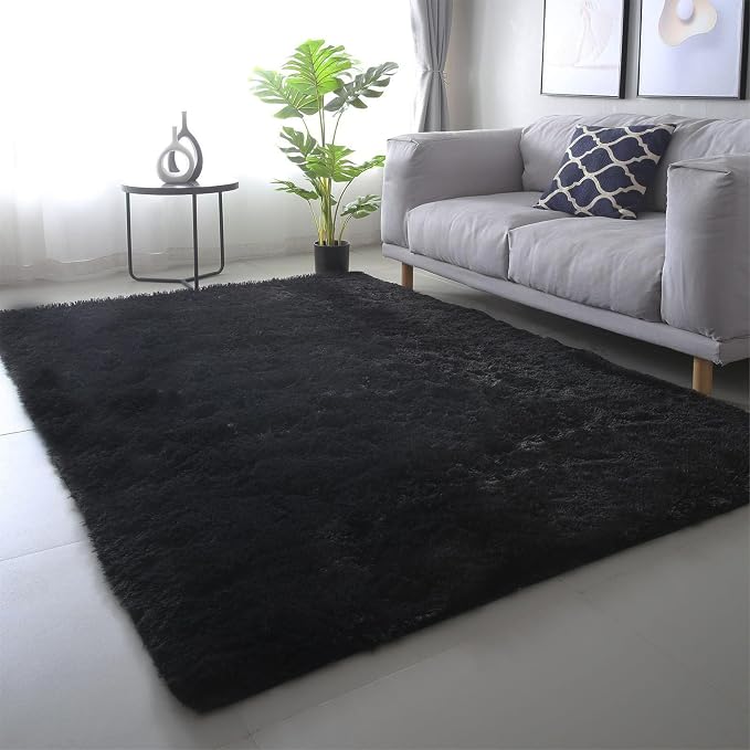 Black Shag Area Rug 9x12 Living Room - Large Soft Non-Slip Carpet | Black Style: Sleek Modern Black Anchors Any Living Room With Timeless Elegance - Pairs With Any Sofa, Wall, Or Decor