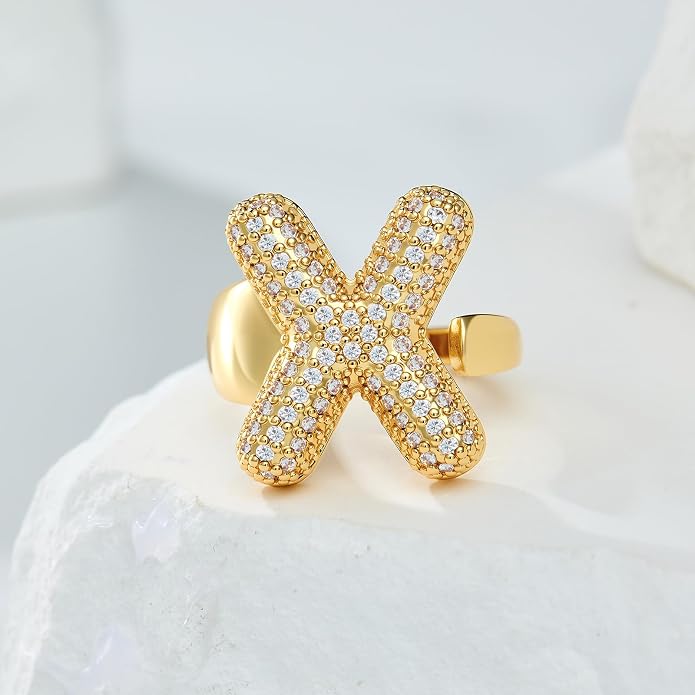 Cicy Bell Initial Rings for Women 14k Gold Plated Cubic Zirconia Delicate Letter Chunky Statement Open Rings Gifts for Her