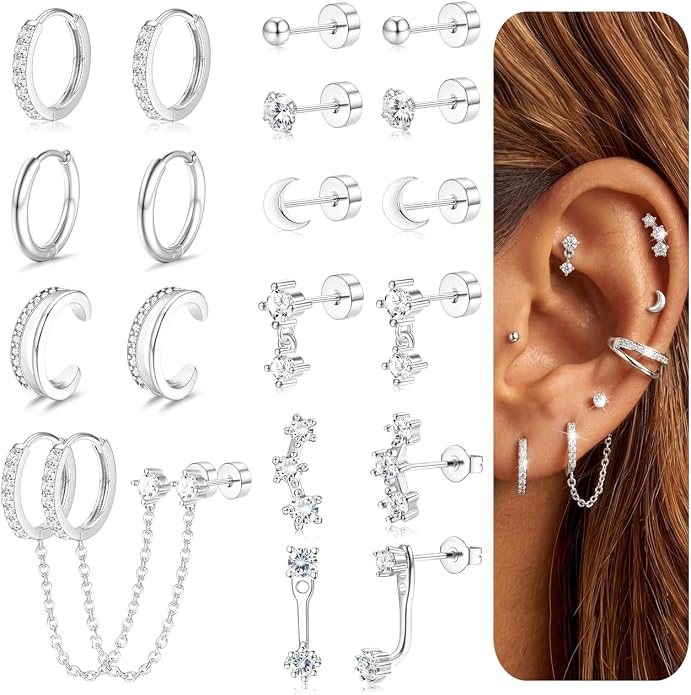 Florideco 14K Gold Plated Earrings for Women Hypoallergenic 20G Surgical Stainless Steel Flat Back Stud Earrings Dainty Stackable Earring Stacks Small Cartilage Earring Sets for Multiple Piercing
