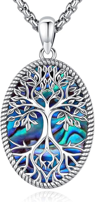 Sterling Silver Tree of Life Necklace for Women Oval Family Tree Necklace Abalone Shell Moonstone Pendant Mother Day Necklace for Mom Tree of Life Jewelry