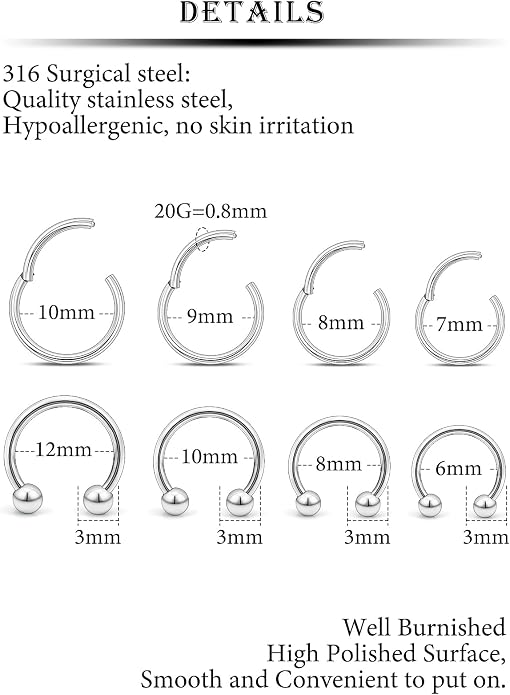 20G 18G 16G 14G 12G 10G Hypoallergenic Nose Rings Hoops for Men Women 316L Surgical Steel Hinged Nose Rings for Nostril Septum Cartilage Helix Daith Tragus Rook Conch Lip Ear Lobe Piercing
