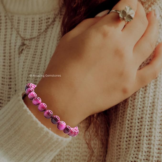 Amazing Gemstone Pink Tiger Eye Bracelet, Gifts for Men & Women - Protection Healing Crystal Bracelet - 8mm Gemstone Beaded Adjustable Bracelet, Pulseras para Hombres Mujer Stocking Stuffers