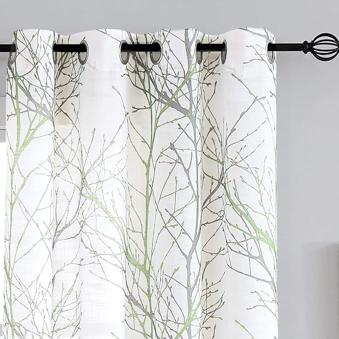 FMFUNCTEX Linen Sage Green White Semi Sheer Print Curtains 45 Inch 2 Panels | Short Sheer Branch Patterned Drapes, Light Filtering Grommet Panels for Kitchen, Bathroom, Cafe Windows and Farmhouse Curtain