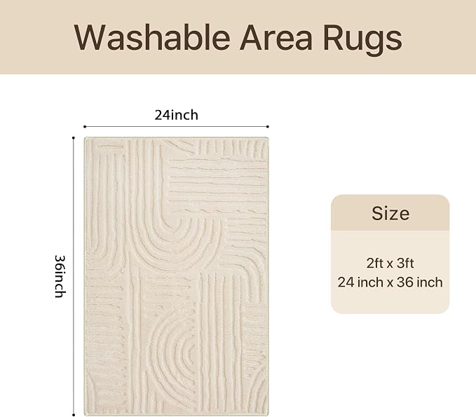 GENIMO Soft 2x3 Washable Entryway Rug Non Slip, 3D Modern Arch Pattern Door Mat, High-Low Pile Textured Non Slip Fuzzy Carpet, Non-Shedding Stain Resistant Beige Rugs for Bathroom Kitchen Entrance