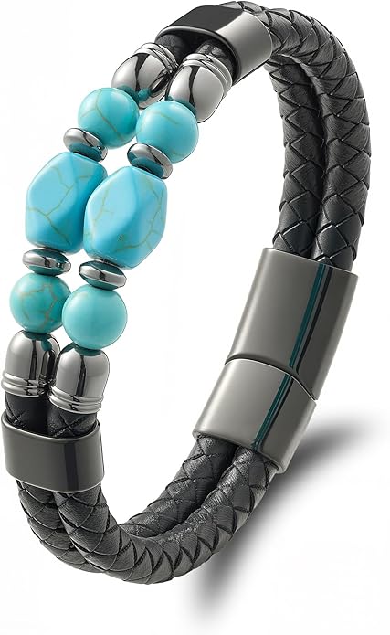 Black Braided Leather Bracelet for Men with Turquoise, Lapis Lazuli, Tiger Eye, Obsidian Stone Double-Row Wristband Beads with Stainless Steel Clasp Fashion Jewelry Gift for Him