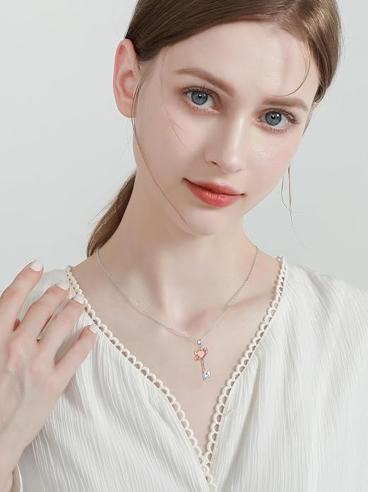 OCJ Zodiac Necklace for Women 925 Sterling Silver Rose Flower Key Pendant Necklaces Zodiac Birthstone Jewelry Wife Birthday Anniversary Christmas Gifts for Her