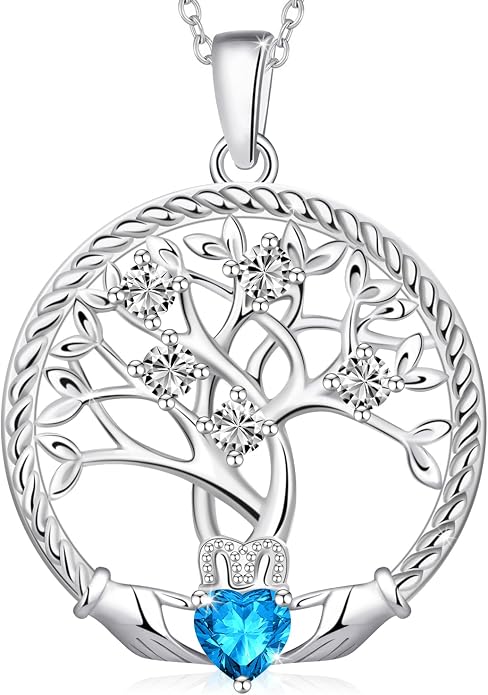 Birthstone Tree of Life Necklace for Women, 925 Sterling Silver Family Tree Pendant, Dainty Jewelry Birthday Mother's Day Valentine's Day Gifts for Her Mom Wife, 18"+2" Adjustable