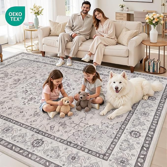 6x9 Area Rugs for Living Room: Vintage Boho Neutral Washable Rug Indoor Soft Large Area Rug Carpet for Bedroom Nursery Farmhouse Dining Room Office Floor Non-Slip Low Pile Under Table Beige & Grey
