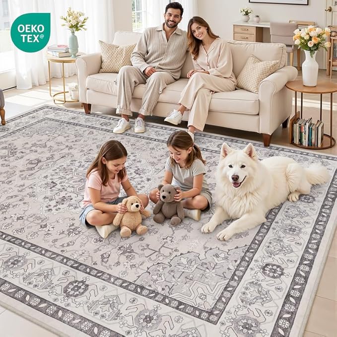 5x7 Area Rugs for Living Room: Vintage Boho Neutral Washable Rug Indoor Soft Large Area Rug Carpet for Bedroom Nursery Farmhouse Dining Room Office Floor Non-Slip Low Pile Under Table Beige & Grey