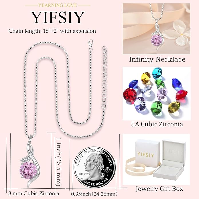 Women‘s Birthstone Pendant Necklace S925 Sterling Silver Imitation Diamond Infinity Necklace Jewelry Gift for Her