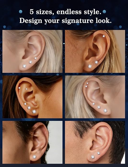 5 Pairs Moissanite Sterling Silver Stud Earrings Set for Women, Hypoallergenic, 2mm, 3mm, 4mm, 5mm